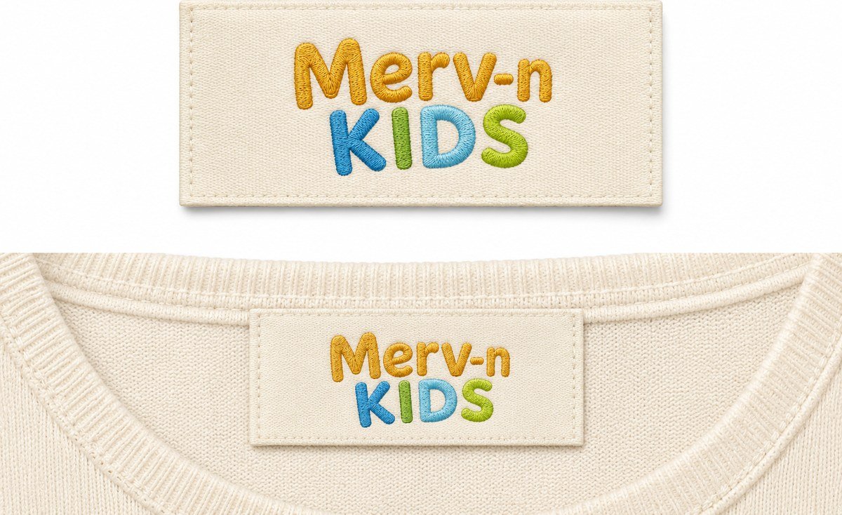 Merv-n Kids — Etiqueta tejida y aplicación en prenda